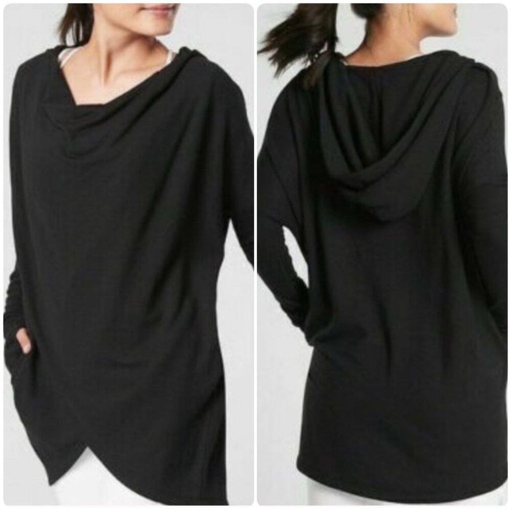 EUC Athleta Black Purana Wrap Sweatshirt Womens sz S Hooded Thumbholes